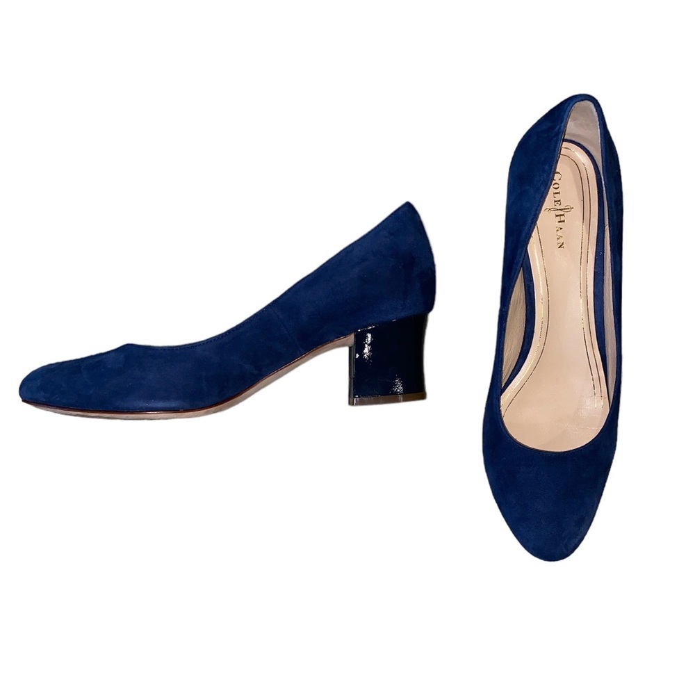 Cole Haan Chelsea Blue Suede Patent Block Heels - 8.5